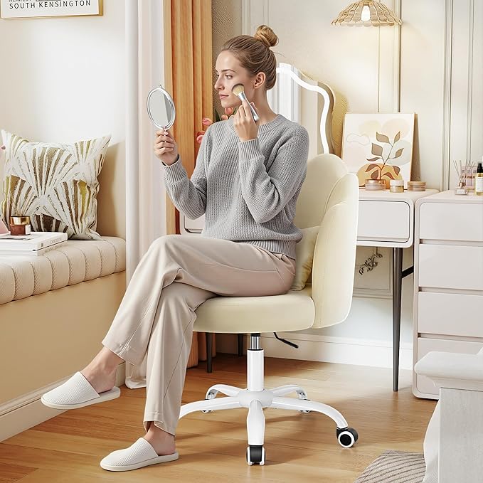 BestGlory Petal Vanity Chair with Wheels, 3.15" Extra Thick Comfy Makeup Chair, Adjustable Modern Swivel Armless Desk Chair for Girls Women, Aesthetic Small Office Chair for Bedroom Dorm