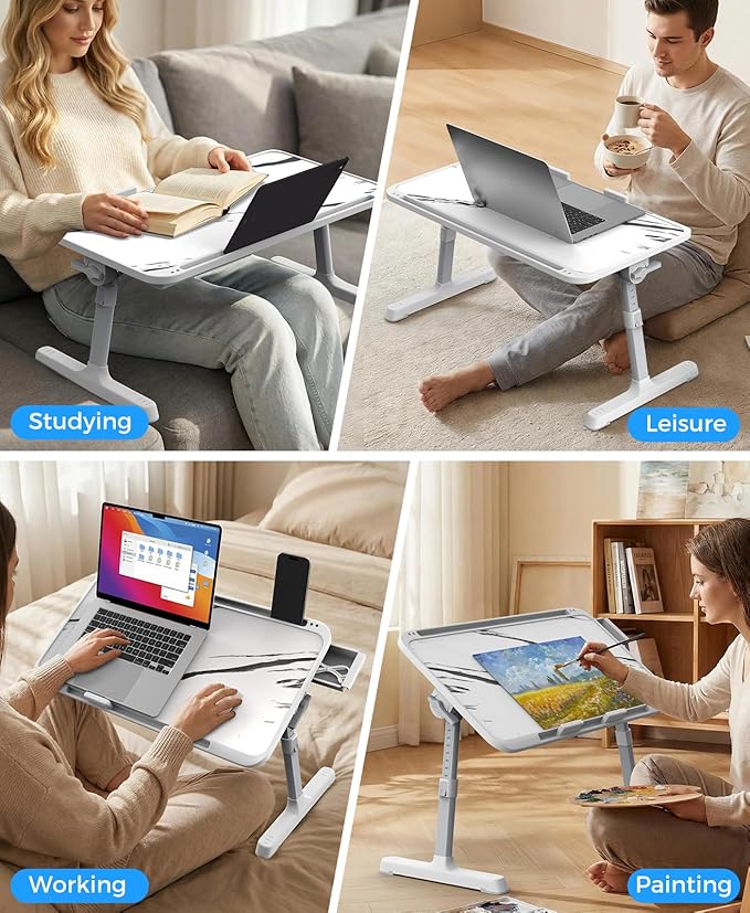 HETTHI Laptop Bed Tray Table, Adjustable Sturdy Laptop Stand for Bed with Premium Materials, Folding Portable Lap Desk with Drawer for Writing Working Reading Eating Couch Floor (Marble, 22.04"×12.2")