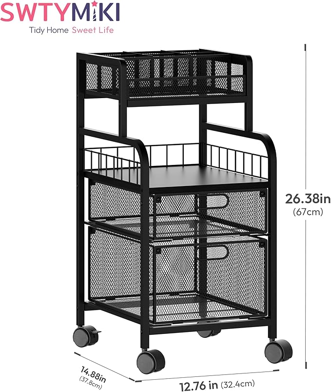 SWTYMIKI Rolling Cart with Drawers - Metal Utility Cart with Wood Shelf, DIY Divider and Locking Wheels, Craft & Art Cart Organizer for Under Desk Storage for Home Office Studio, Black