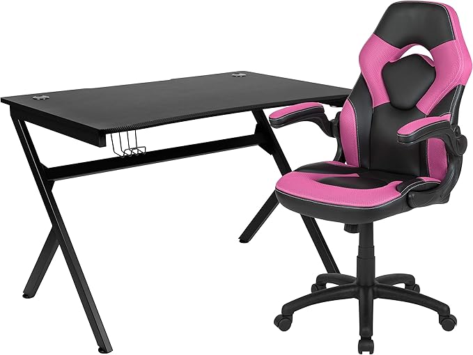 Flash Furniture Optis Black Gaming Desk and Pink/Black Racing Chair Set with Cup Holder, Headphone Hook & 2 Wire Management Holes