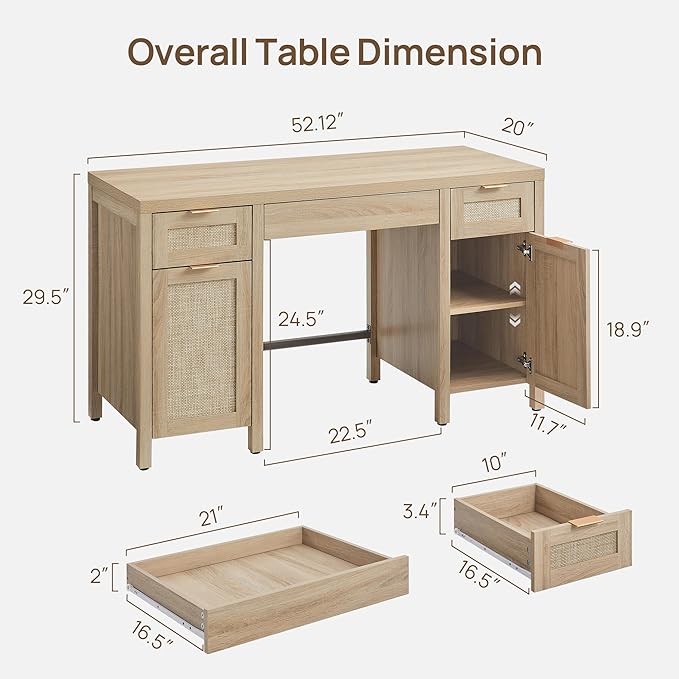 SICOTAS Rattan Executive Desk with Storage - 52" Large Home Office Desk with 3 Drawers and 2 Cabinets, Boho Computer Table for Study, Office, Living Room, Light Oak