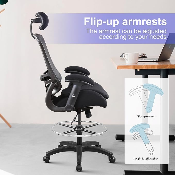 BOLISS 400lbs Ergonomic Drafting Chair,Tall Office Mesh Chair, Standing Desk Chair,Height Adjustable Armrest and Flip up Arms, Adjustable Lumbar Cushion (Black Frame Black Mesh)