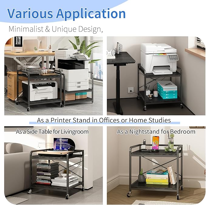 METYERRY Under Desk Printer Stand with Power Outlet,2 Tier Large Printer Table with Adjustable Shelf,Rolling Printer Cart with Industrial Wheels for Home Office,20"×20" Black