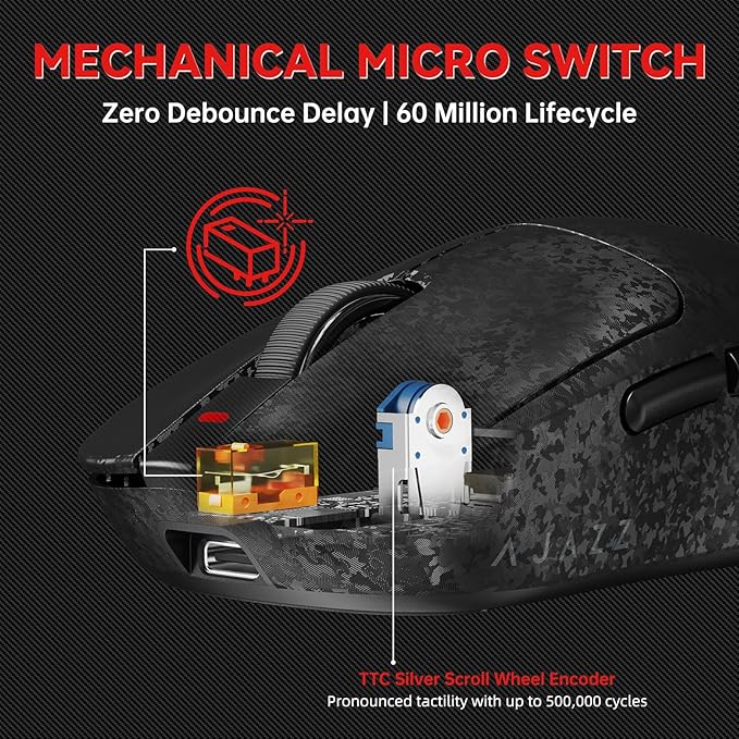 A.JAZZ Ajazz AJ199 Wireless Gaming Mouse Ultra-Lightweight 55g Tri-Mode Connection 24000 DPI PAW3311 Sensor Carbon Fiber Shell 500mAh Battery 1K Polling Rate Durable & Anti-Slip Design Black