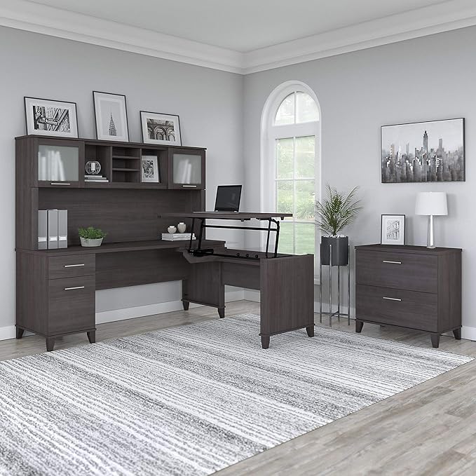 Bush Furniture Somerset 72W 3 Position Sit to Stand L Shaped Desk with Hutch and File Cabinet in Storm Gray