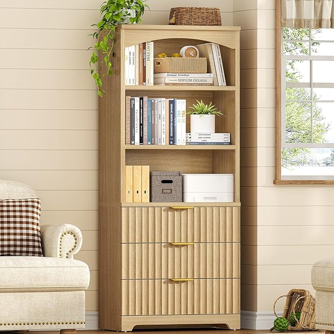 TEENFON 63.3" Tall Bookshelf, Bookshelves and Bookcases with Drawers, Arched Design Bookcase with Storage Cabinet, Natural Wood Grain Wave Pattern Storage Shelves for Living Room, Bedroom,Office