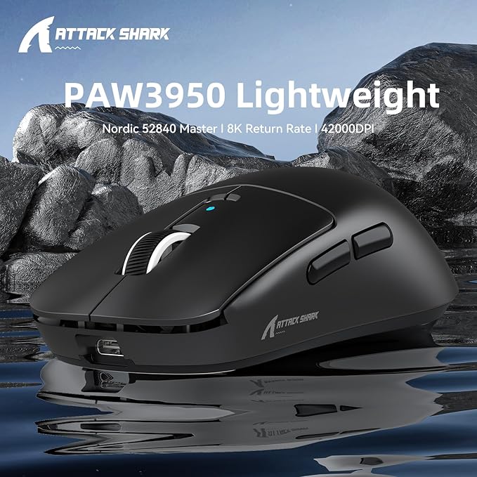 ATTACK SHARK R6 Wireless Gaming Mouse,38G Ultra-Lightweight Trip-Mode 2.4G/USB-C/Bluetooth Mouse Gaming with PAW3950MAX Sensor,42000 DPI,50G Accelerated Speed for PC/Laptop/Mac -Black&Tape