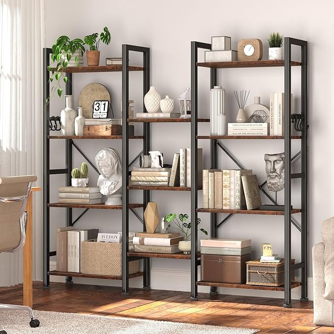 Furologee Triple 4 Tier Bookshelf, Bookcase with 11 Open Display Shelves, Wood and Metal Shelf Storage Organizer,Industrial Wide Shelving Unit for Living Room,Home Office,Rustic Brown