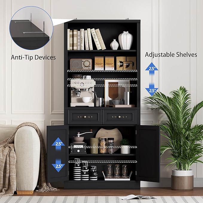 BORNOON 70.1" Tall Bookshelf with Drawers & Cabinet, 5-Tier Floor Standing Bookcase with Storage Doors, Adjustable Shelves & Metal Handles, 31.5" Wide Organizer for Home Office, Living Room