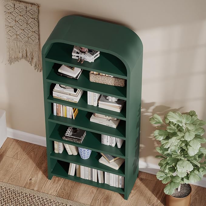 LEVNARY 70" Tall Arched Bookcase, 7-Tier Freestanding Storage Cabinet with Adjustable Shelves, Thick MDF Bookshelf for Bathroom Living Room Bedroom (Green)
