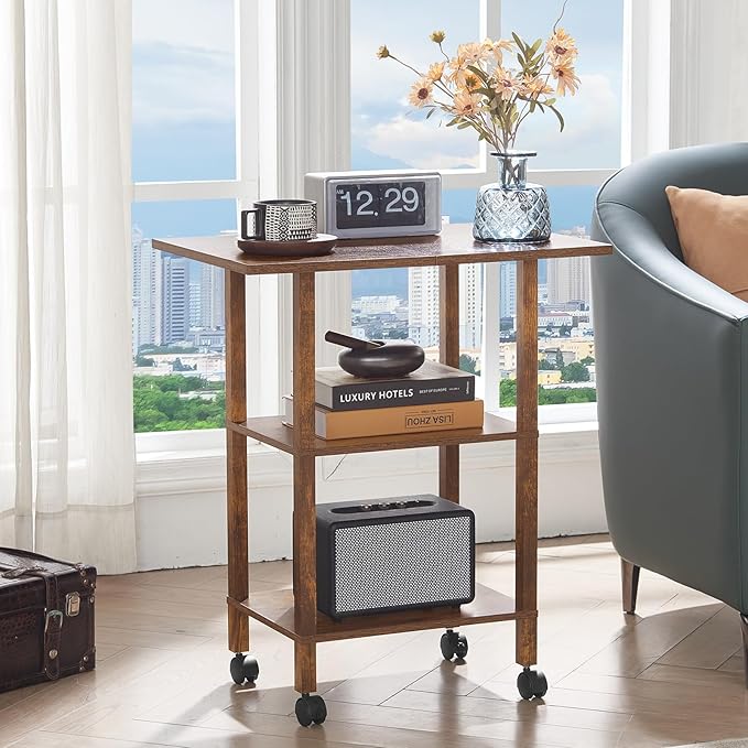 YUFAM 3 Tier Home Printer Stand with Storage, Wooden Mobile Printer Table Shelf, Rolling Printer Cart Shelf with Lockable Wheels fit Fax Machine, Scanner, Brown