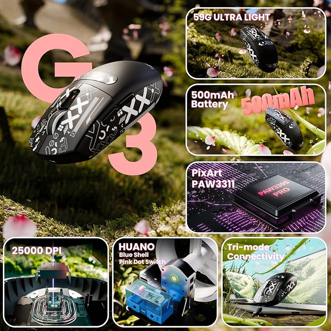 ATTACK SHARK G3 Wireless Gaming Mouse,Tri-Mode 2.4G/BT5.2/USB-C Gaming Mouse,PAW3311 Sensor,25,000 DPI,59g Lightweight,5 Programmable Buttons,500mAh Rechargeable Gaming Mice,PC/Mac(Black&Sticker)