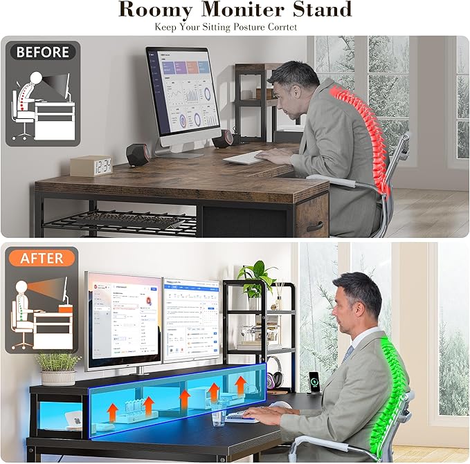 44 Inch Gaming Desk with Hutch and Drawers,Reversible Computer Desk with Monitor Shelf,Home Office Desks with USB Power Outlets and Storage,Pc Small Gaming Desk for Office with LED Lights,Black