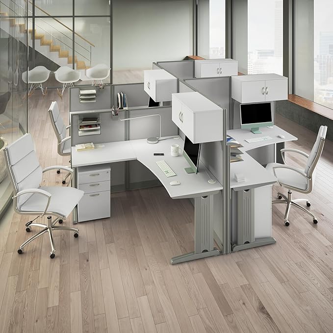 Bush Business Furniture Office in an Hour 4 Person L Shaped Cubicle Desks with Storage, Drawers, and Organizers in Pure White