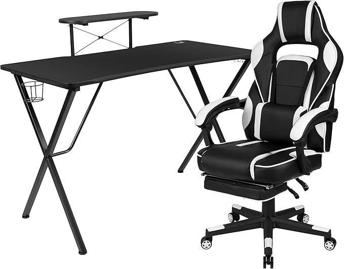 Flash Furniture Optis Black Gaming Desk with Cup Holder/Headphone Hook/Monitor Stand & White Reclining Back/Arms Gaming Chair with Footrest