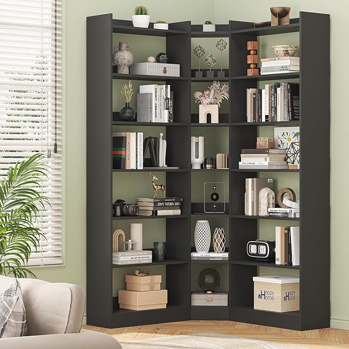 Semoic 70.8" Tall Corner Bookshelf, 7 Tiers Large Etagere Bookcases with Baffles, L-Shaped Modern Storage Display Rack Industrial Bookshelves for Bedroom, Home Office, Living Room & Kitchen, Black