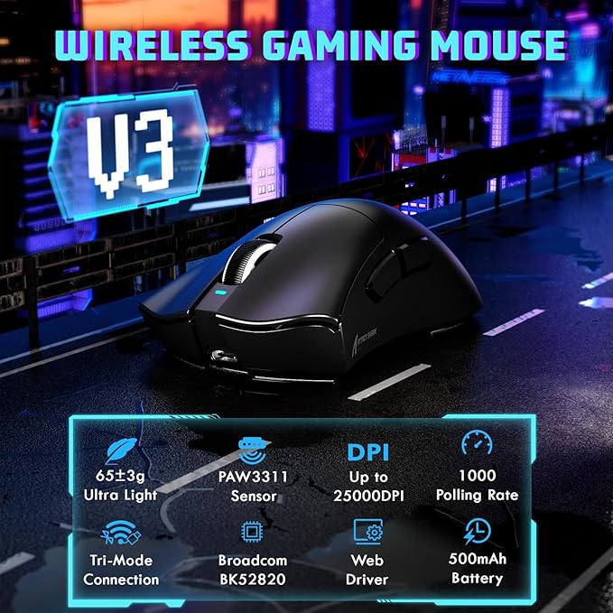 MAMBASNAKE ATTACKSHARK V3 Wireless Gaming Mouse,Adjustable 25K DPI PAW3311 Optical Sensor,Ergonomic 62g Lightweight 5 Programmable Buttons 500mAH Battery,2.4G/BT/USB-C Wired for PC/Mac-Black