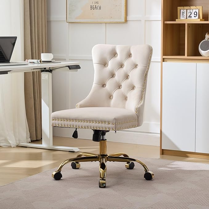 Goujxcy Desk Chair, Modern Velvet Upholstered Tufted Button Home Office Chair, 360° Swivel Armless Desk Chairs, 120°Rocking Ergonomic Computer Task Vanity Chairs, Beige & Gold