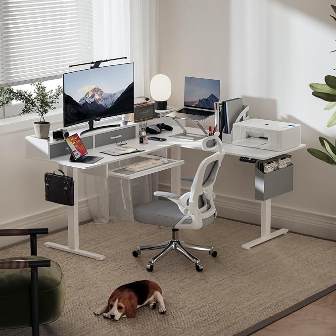 WALKINGDESK 63 Inches Height Adjustable L Shaped Standing Desk with 2 Drawers and Keyboard Tray, Electric Sit to Stand Home Office Comupter Table, Ergonomic Corner Gaming Desk, White