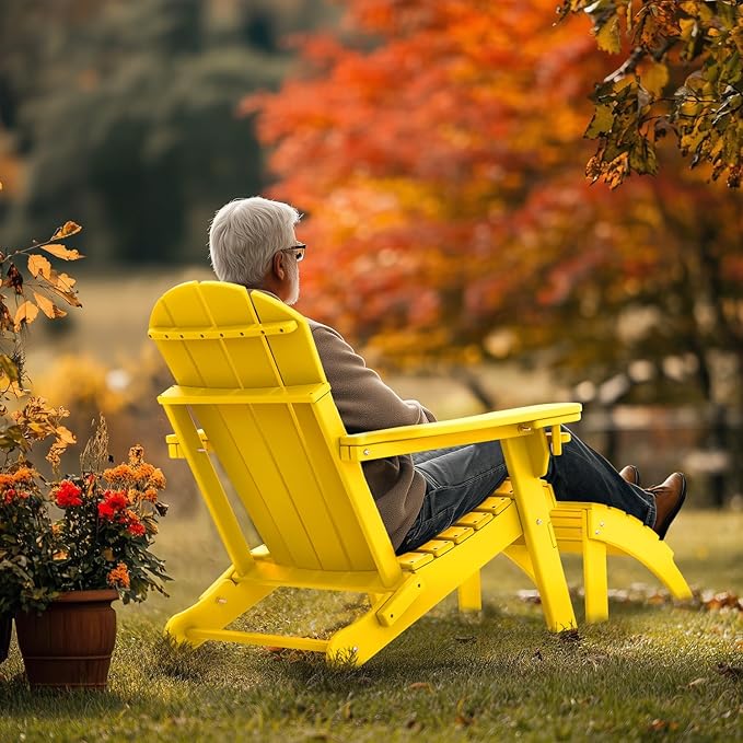 IVY&LANE Outdoor Adirondack Ottoman | Folding | HDPE | Yellow | All Weather | Waterproof Patio Footrest for Adirondack Chair | Poly Lumber Foot Rest for Deck Backyard