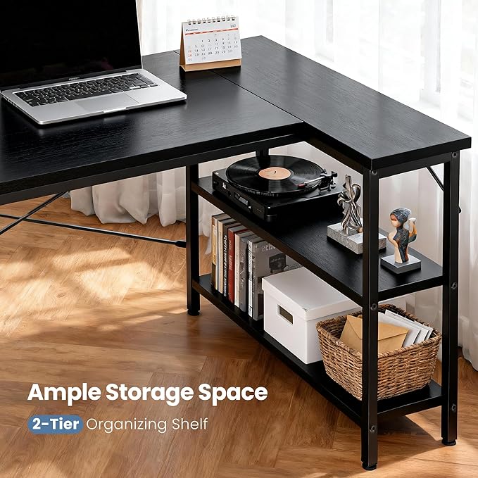 DUMOS 55 Inch L Shaped Desk Corner Computer Gaming Desks Home Office PC Table for Writing Working Study Bedroom with Reversible Storage Shelves, Black