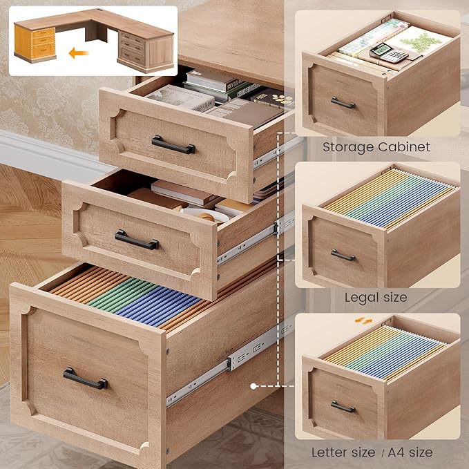 SEDETA Farmhouse 78.7" Executive L Shaped Desk with 6 Drawers, Home Office Desk with Power Outlet, File Cabinet Storage, Wood Corner Computer Desk for Work and Study, Oak