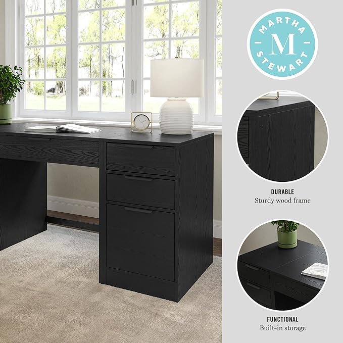 Martha Stewart Kayden Home Office Modular Desk with Drawer and Dual 3 Drawer File Cabinets in Black with Oil Rubbed Bronze Hardware