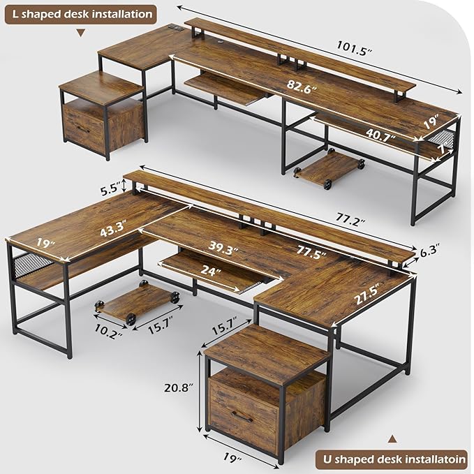 SEDETA U Shaped Desk, Reversible L Shaped Home Office Desk with File Drawer & Power Outlet, 101.5'' Computer Two Person Desk with Monitor Shelf, Keyboard Tray, Gaming Desk, Rustic Brown