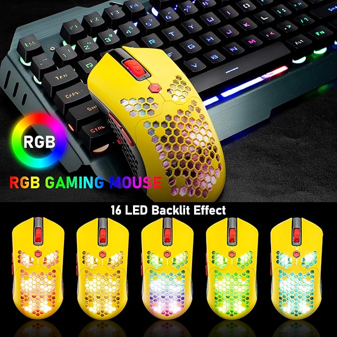 Wireless Gaming Mouse,16 RGB Backlit Ultralight Wireless/Wired Mice with Programmable Driver,Rechargeable 800mA Battery,Pixart 3325 12000 DPI,Lightweight Honeycomb Shell for PC Gamers (Yellow)