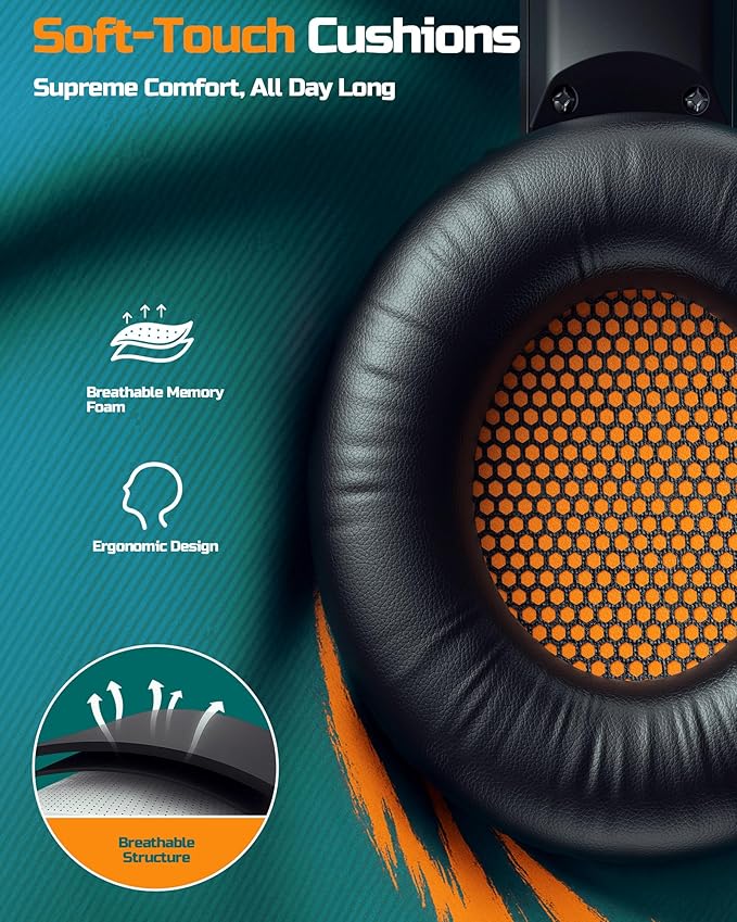 BINNUNE Wireless Gaming Headset — 2.4GHz Low-Latency USB Dongle + Bluetooth, 50mm Drivers 7.1 Surround, Noise-Cancelling Mic, 40H Battery — Over Ear Wireless Headphones for PS5, PC, Laptop, Orange
