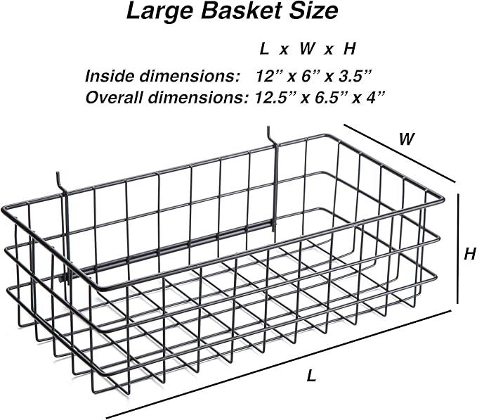 Pegboard Basket Size L, Black - Hooks to Any Peg Board - Square Style Wire Shelf Baskets - Organize Tools, Workbench, Accessories, Garage Storage - Wall Organizer Attachments