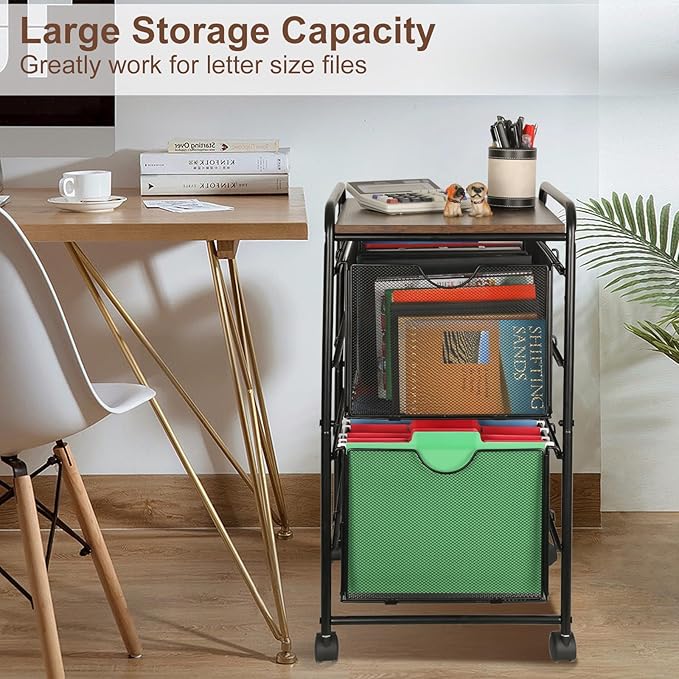 EasyPAG Rolling File Cart with 2 Drawers, Under Desk File Cabinet on Lockable Wheels, Hanging Folder Organizer with Wooden Printer Stand for Home Office