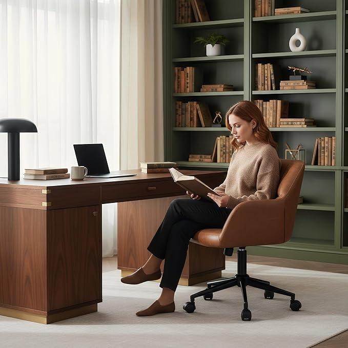 HNY Modern PU Leather Office Desk Chair, Height Adjustable Comfy Swivel Vanity Make up Chair with Wheels for Living Room Home Office Computer, Brown