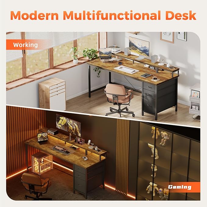 Mericonia Computer Desk 63 inch with Power Outlets & LED Lights, Gaming Desk with 3 Drawers for Home Office, Small Desk with Monitor Stand for Small Spaces, Study Writing Desk
