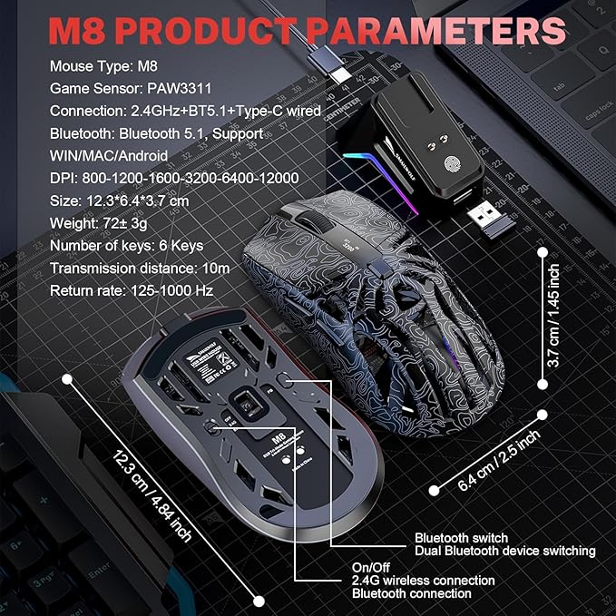 RGB Magnetic Charging Dock Gaming Mouse, 12K DPI, PAW3311 Sensor, Tri-Mode Wireless, 6 Programmable Buttons, Ultra-Light 72g for PC/Mac (Black)
