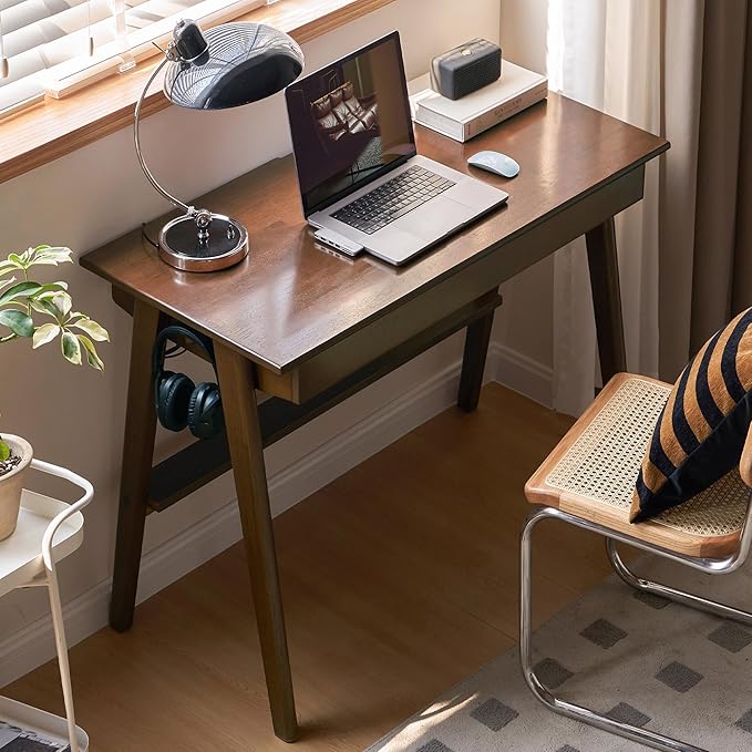 Walnut Color Home Office Desk, 100% Solid Rubber Wood Desk, Mid Century Modern Writing Computer Desk with Drawer for Sturdy Room, Bedroom 31.49" W