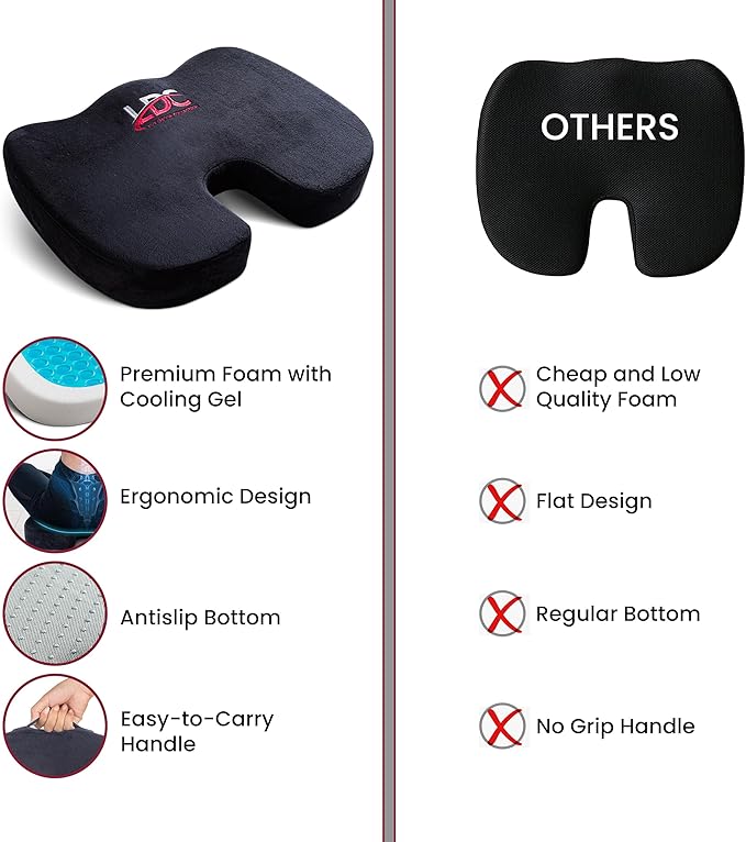 LDC Premium Gel Memory Foam Seat Cushion for Car Driving – Relieves Back & Sciatica Pain – Pressure Relief for Long Sitting Office Chair, Wheelchair, Gaming Chair