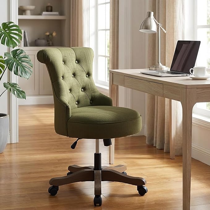 HUIMO Home Office Chair Upholstered Armless Desk Chair with Wheels Adjustable Height Computer Desk Chair with Wooden Legs Comfortable Swivel Chair for Home Office Study Studio (Green)
