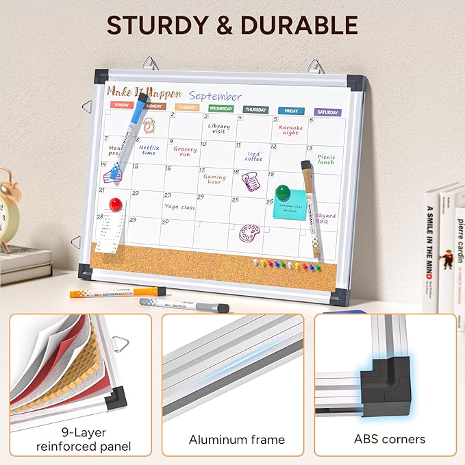 Marsrock Monthly Dry Erase Board and Cork Board Combo for Wall, 17"x13" Reversible Hanging Dry Erase Board, Double Sided White Board with Aluminum Frame for Planning, Office, Kitchen, School, Home
