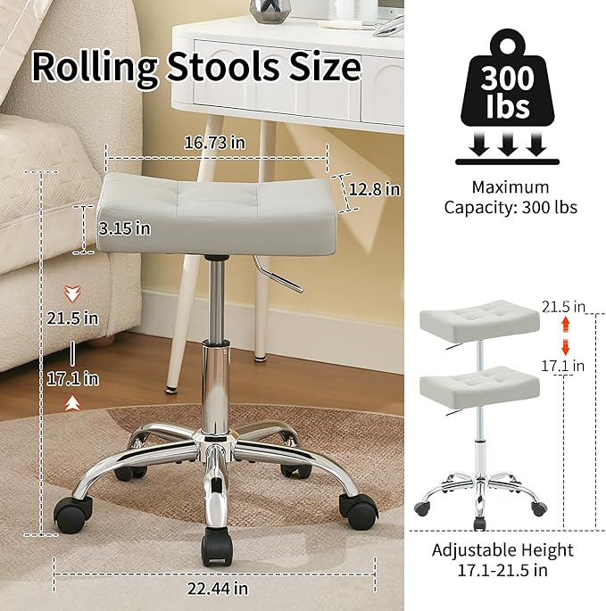 FIRAVOE Saddle Stool with Wheels, Swivel Rolling Stools for Vanity, Adjustable Height Tattoo Stool 17"-21" (Gray)