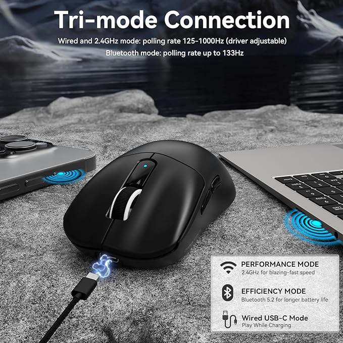 MAMBASNAKE M3 Wireless Gaming Mouse,39g Ultra-Lightweight BT/2.4GWireless/Wired Gaming Mouse,PAW3395PRO 40K DPI Optical Sensor,200Hrs Battery,Office Mice for PC/Win/Mac (Black)