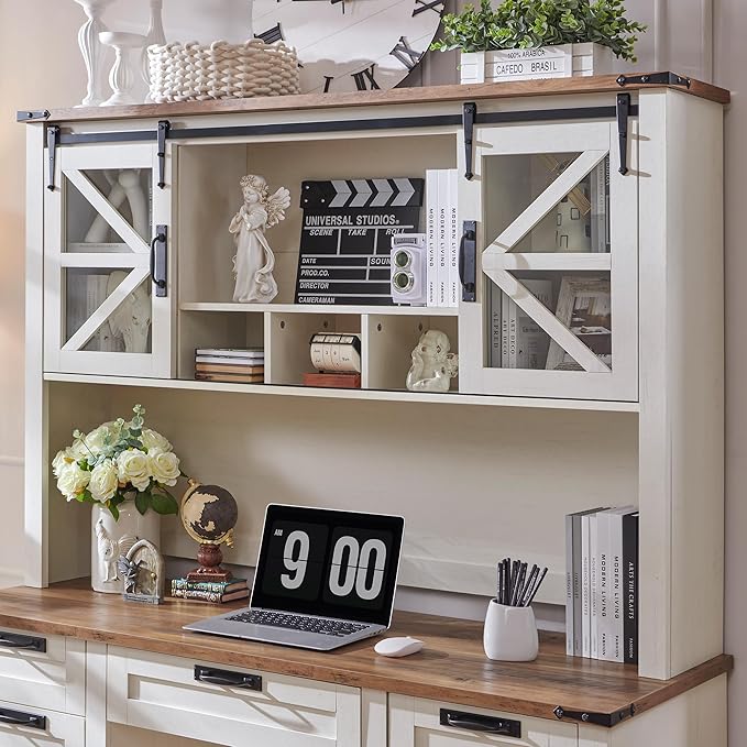 RedLemon 42" Farmhouse Desk Hutch with Sliding Barn Door and Ample Storage/Display Space, Only Match Farmhouse Desk (Antique White)