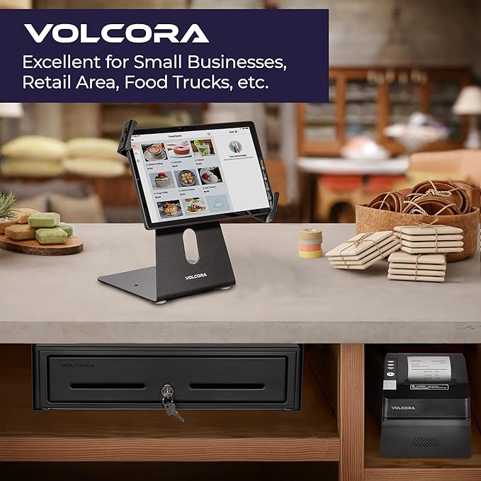 Volcora Cash Register Drawer with Under Counter Mounting Bracket - 16" Black Drawer for POS, 5 Bill 8 Coin Compartment, Fully Removable 2 Tier Cash Tray, 12-24V RJ11/RJ12 Key-Lock, Double Media Slot