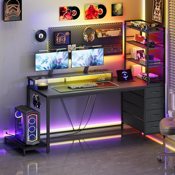 RALGEND Computer Desk with Shelves and Drawers, 43.3 Inch Gaming Desk with Charging Station and LED Lights, Desk Workstation with Monitor Stand and Storage for Home Office, Black