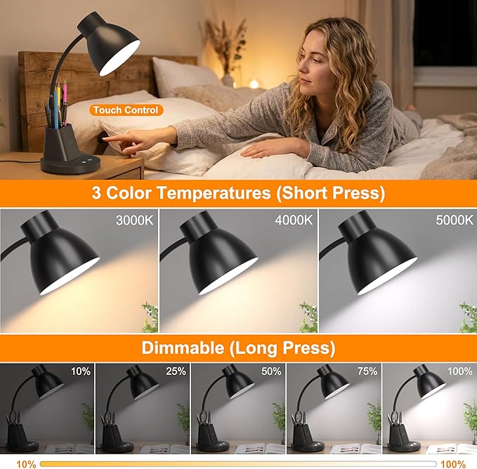 Sailstar Desk Lamp for Home Office, 10W Wireless Charging, Eye-Caring LED Desk Light, CRI 95+ 3 Color Modes Stepless Dimming Pen Holder, 360° Flexible Arm Desk Lamps for College Dorm, Adapter Included