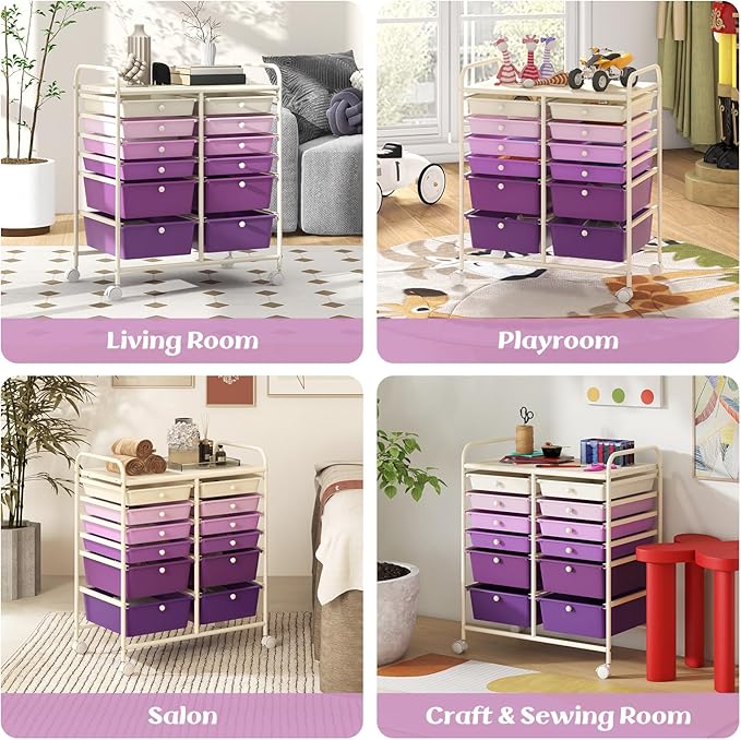 Moccha 12-Drawer Rolling Storage Cart - Utility Cart on Wheels with Lockable Casters for Craft Art Supply Paper Salon, Mobile Drawer Carts for Classroom Teacher School Office (Gradient Purple)