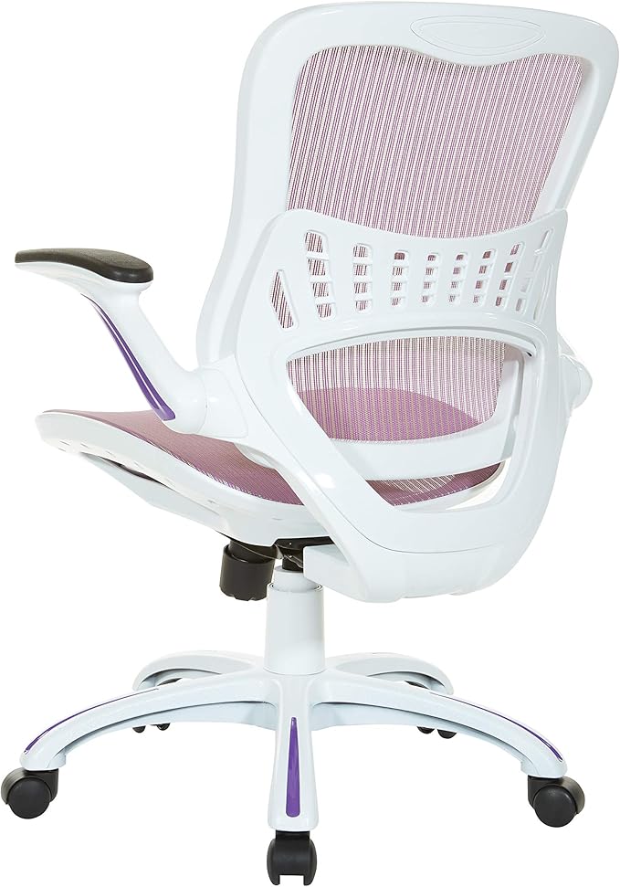 OSP Home Furnishings Riley Ventilated Manager's Office Desk Chair with Breathable Mesh Seat and Back, White Base with Purple