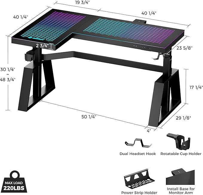 EUREKA ERGONOMIC Standing Desk, Gaming Table,Glass RGB, Height Adjustable Computer desks 60 Inch L Shaped Corner Music Studio Desk Workstation w Type-C Port,Cup Headset Holder,APP Control,Left