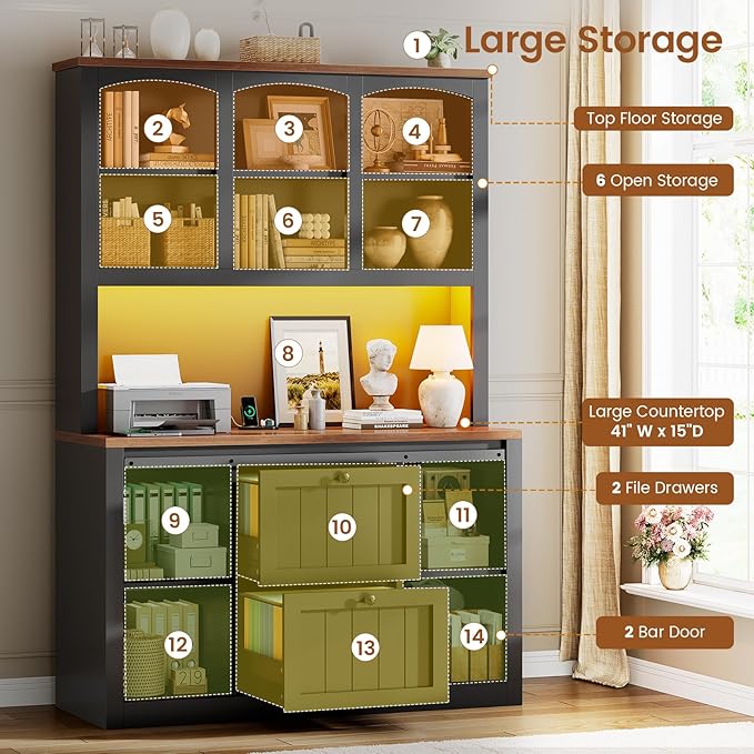 SEDETA 2 Drawer File Cabinet with Power Strip, 41” Farmhouse Filing Cabinet fits Legal, Letter, A4 Size Files for Home Office, Printer Stand with Storage Shelf, Bar Door and LED Lights (Black)