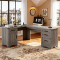 Decofy 67" Farmhouse L Shaped Standing Desk with Drawers Home Office Executive Desks with Fast Charging Station, Lockable File Cabinet, Wood Writing Computer Desk for Work, Study, Grey